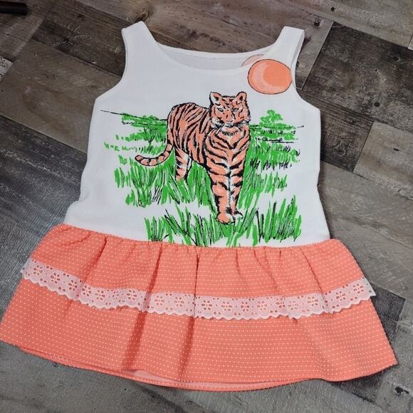 Vintage Other - Vtg Hand Painted Tiger (Front & Back) Bodice & Orange Ruffle Skirt Dress, sz 8